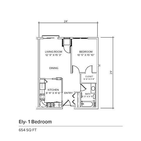 A floor plan for an Ely-1 Bedroom apartment sized 654 square feet.